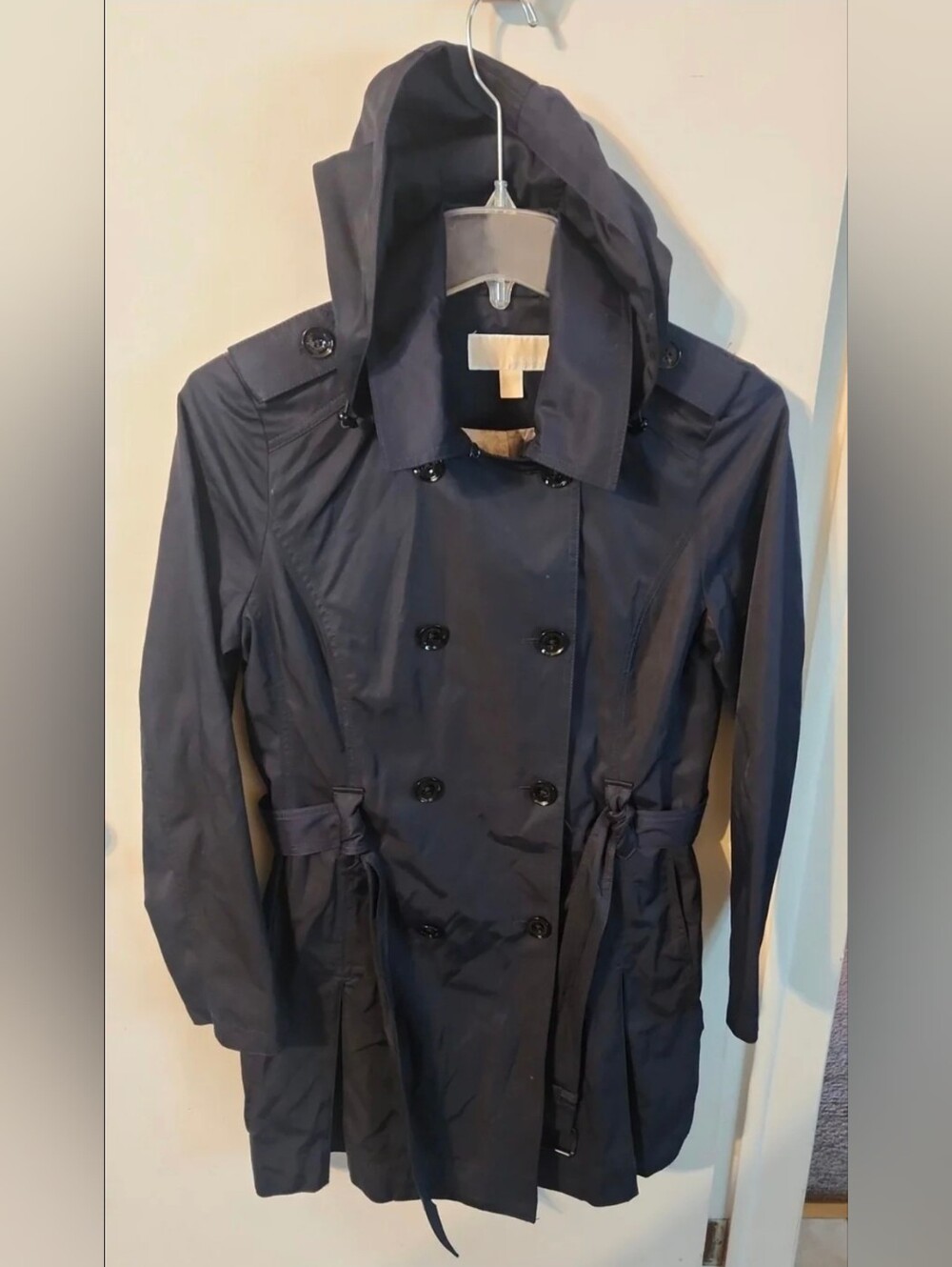 Michael Kors Womens Navy Double-Breasted Hooded Trench Coat Jacket LARGE